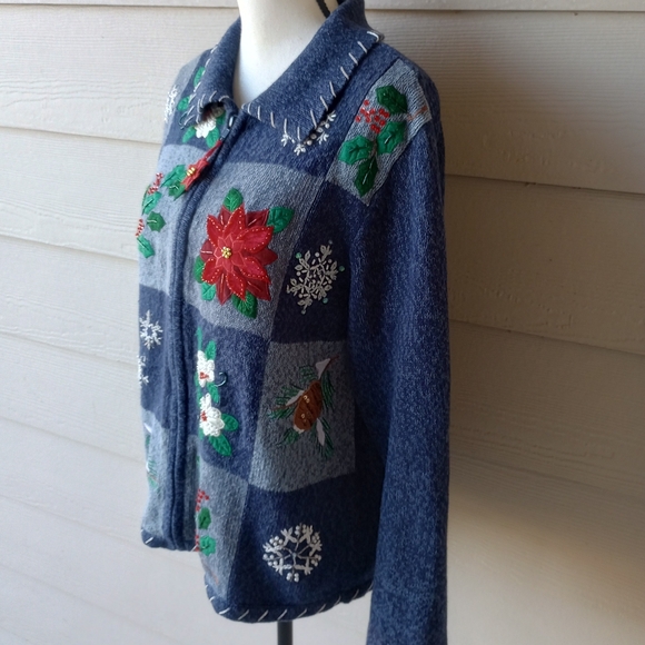 Tiara International Christmas Collection Blue Y2K Vintage Zip Up Sweater Jacket - Picture 3 of 16